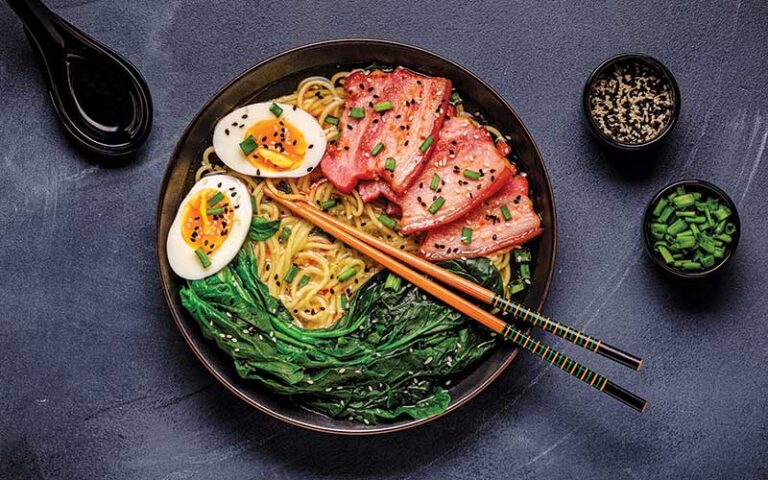 bowl of ramen noodles with eggs and meat at okayama sushi hibachi orlando