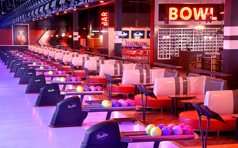 bowling alley interior with multiple lanes at bowlero west ocala