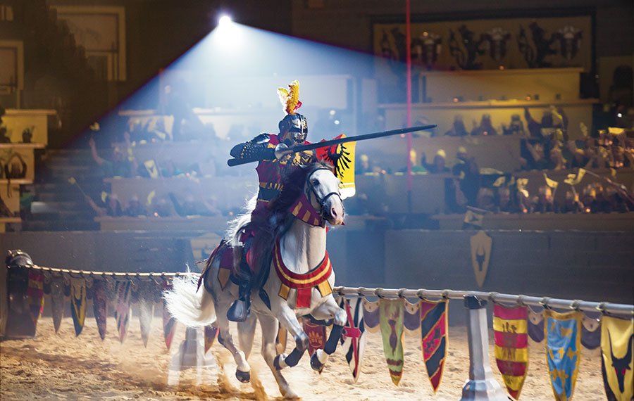 colorful knight on horseback jousting with arena crowd in background at medieval times kissimmee