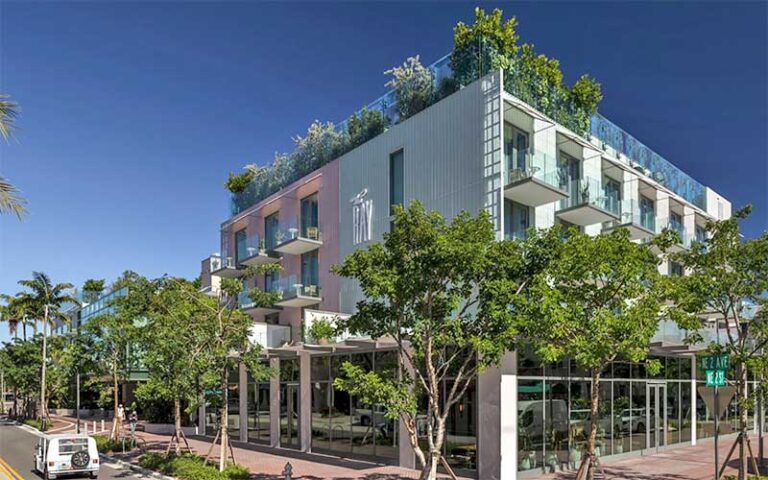 daytime exterior with landscaping and streets at the ray hotel delray beach