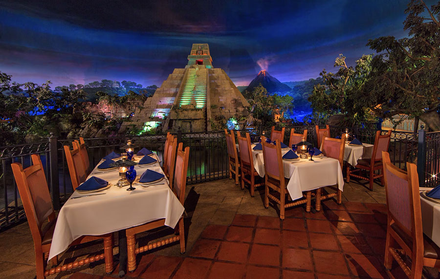 dining area with volcano and pyramid at san angel inn restaurante in mexico pavilion epcot world showcase disney