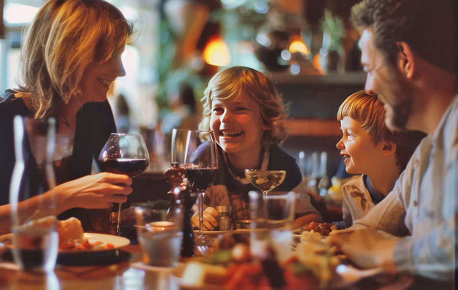 family of four in low light dining area laughing over meal horse hounds ocala