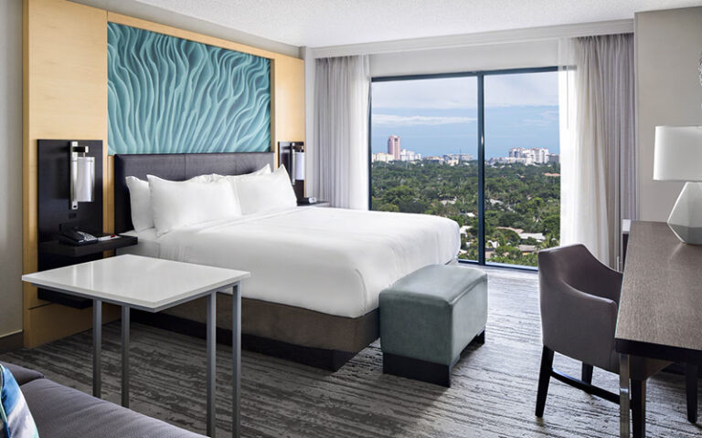 guest room with king bed and city view at boca raton marriott at boca center