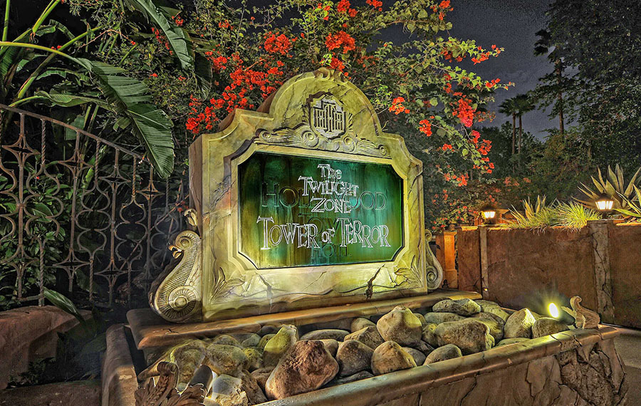 hotel sign outside attraction at night with eerie effects at twilight zone tower of terror disneys hollywood studios