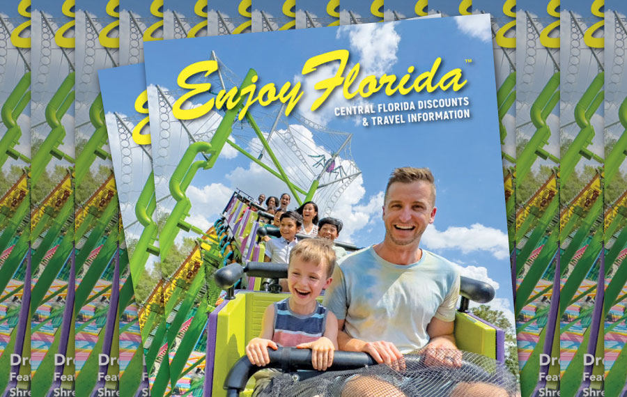 stacks of magazines with dad and son on trollercoaster ride in dreamworks land universal orlando resort for enjoy florida magazine cover