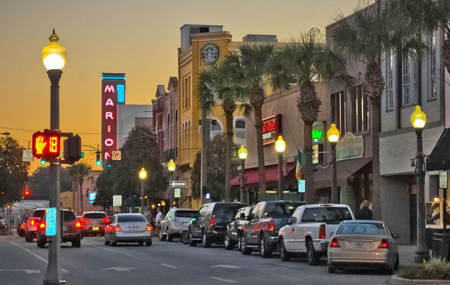 street view of main area of downtown with twilight and marion theatre ocala