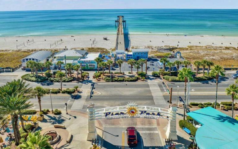 aerial above pier park with beach at russell fields pier panama city beach