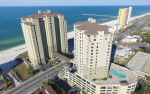 aerial view of double high rise on beach at grand panama beach resort by emerald beach resorts