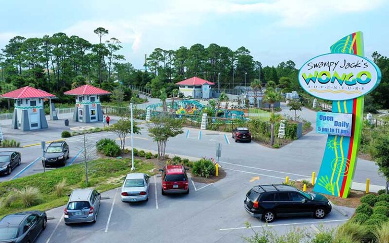 aerial view of park with gate and sign at swampy jacks wongo adventure panama city beach