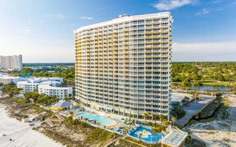 aerial view over beach of exterior high rise at boardwalk beach hotel convention center panama city beach