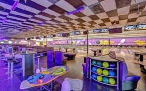 bowling lanes with colorful decor at rockit lanes panama city beach