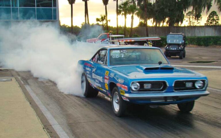 classic race car revving on drag race starting line at gainesville raceway