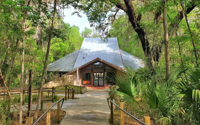 exterior of shaded visitor center museum path and entrance at paynes prairie preserve state park gainesville