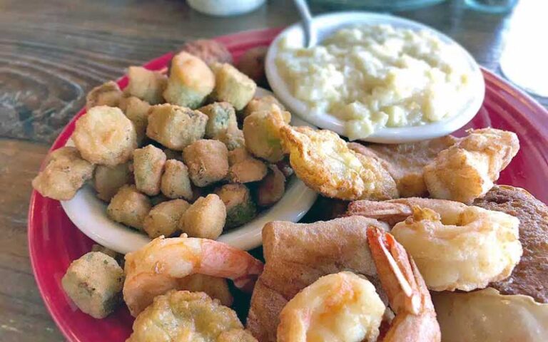 fried seafood and okra plate at boon docks panama city beach