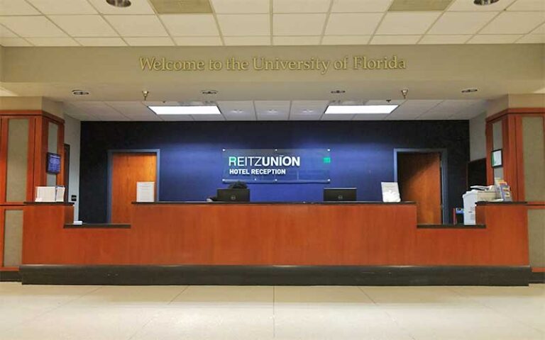 front desk in lobby at reitz union hotel gainesville