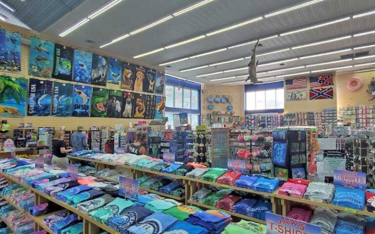 gift shop interior with suspended shark model at jaws souvenirs panama city beach