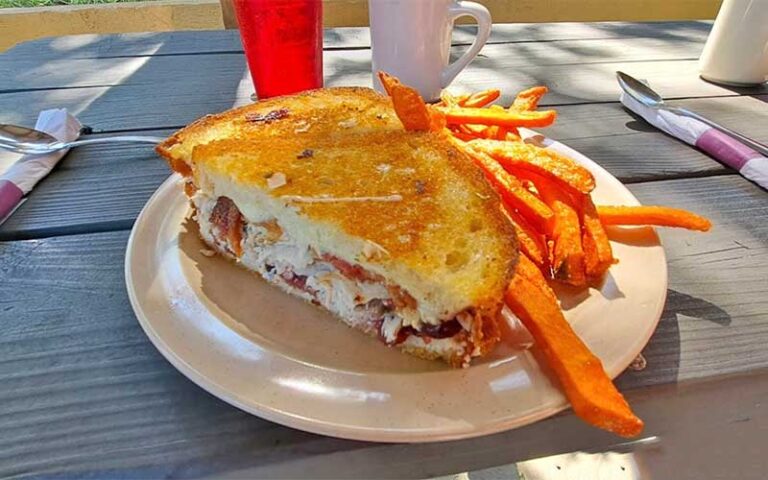 grilled cheese with fries plated on patio table setting at 43rd street deli breakfast house gainesville