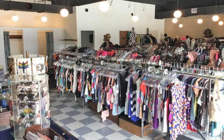 interior of store with clothes racks and sunglasses at flashbacks recycled fashions gainesville