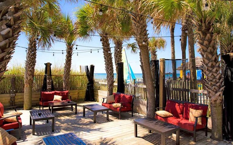 outdoor patio with palm trees and beach at the sandpiper beacon beach resort panama city beach