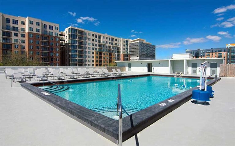 rooftop pool with high rise buildings and blue sky at holiday inn gainesville university center