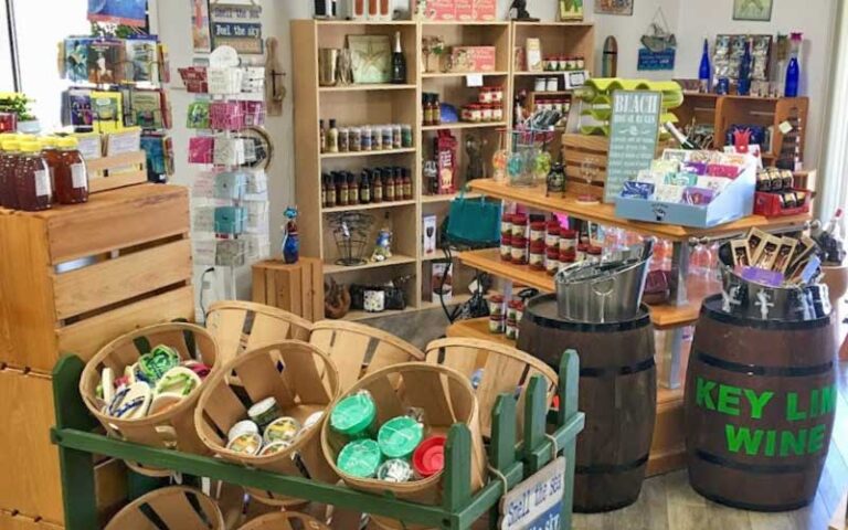 store interior with bottles and wine themed souvenirs at panama city beach winery