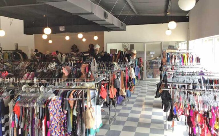 store interior with racks of clothing at flashbacks recycled fashions gainesville