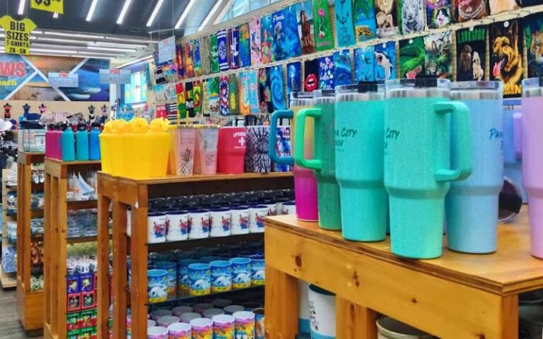 store interior with shelves of mugs and glasses at jaws souvenirs panama city beach