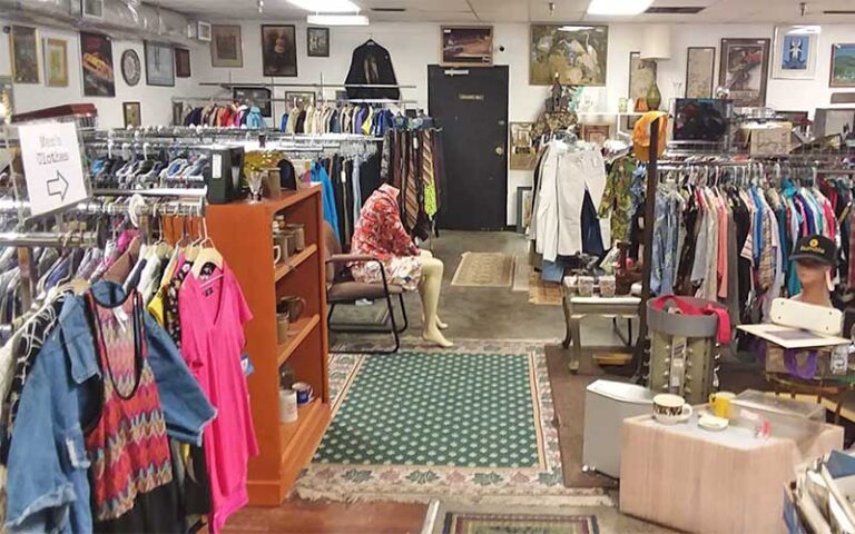 store sales floor with antiques and clothing racks at flashbacks recycled fashions gainesville