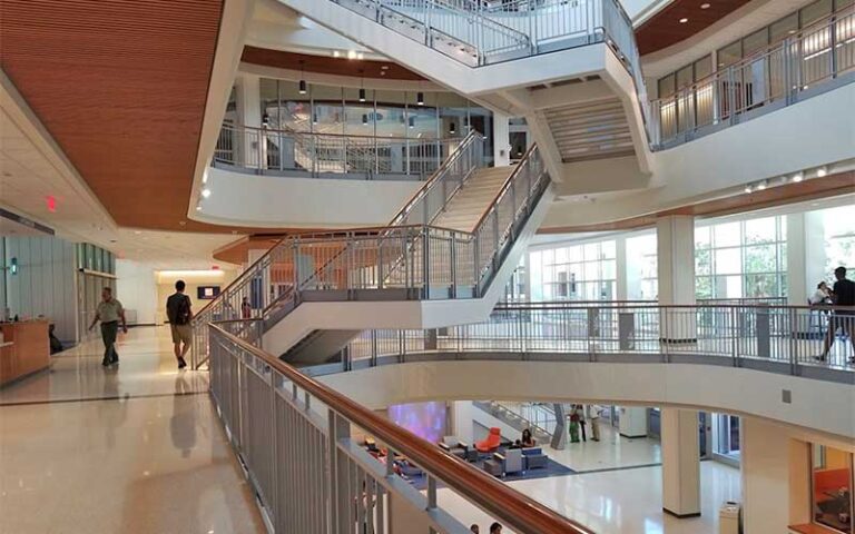 three level atrium with floating stairs at reitz union hotel gainesville