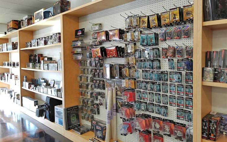 wall rack of gaming accessories at punkouter games gainesville