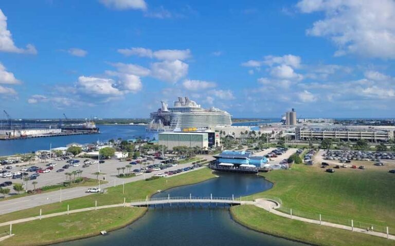 aerial view of cruise port with ship and buildings at port canaveral space coast