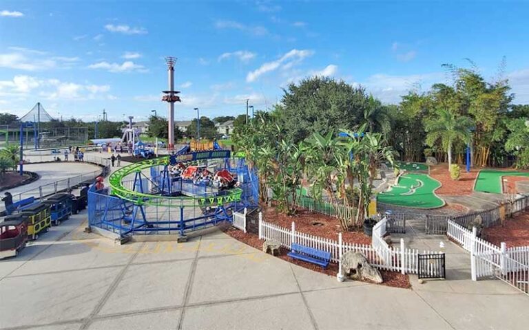 aerial view of fun park with rides and mini golf at andretti thrill park melbourne