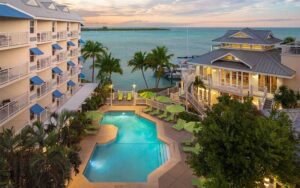 aerial view of hotel and pool with sunset sky at hyatt centric key west resort spa