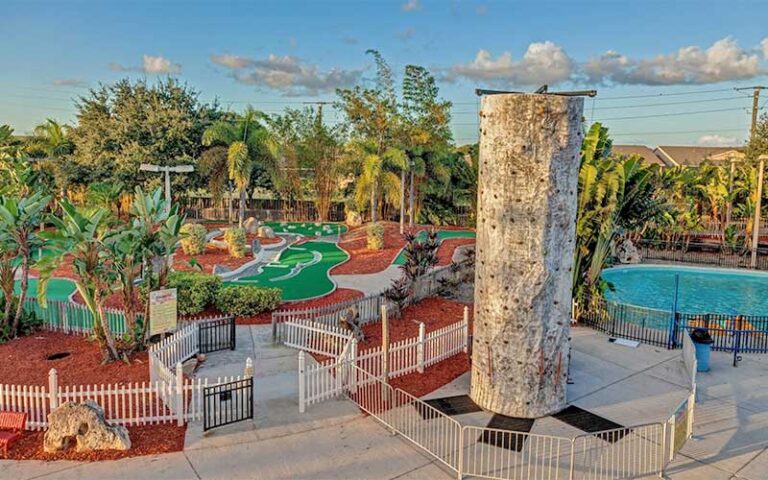 aerial view of mini golf rock climbing wall and bumper boats pool at andretti thrill park melbourne