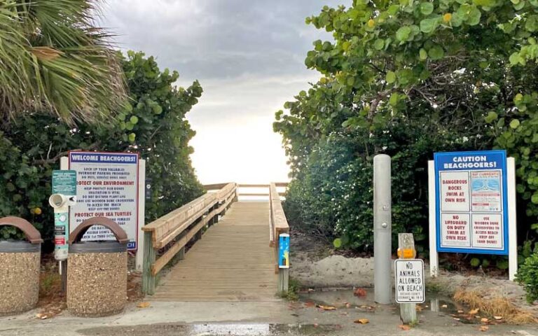 boardwalk path over dunes with signs at pelican beach park satellite beach