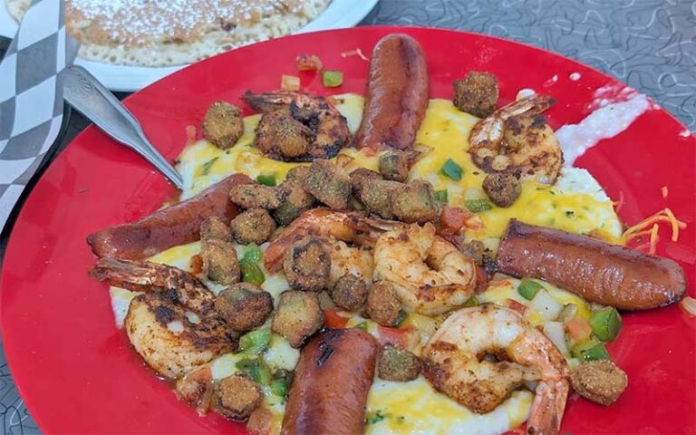 breakfast platter with shrimp grits and sausage at southern charm cafe cape canaveral