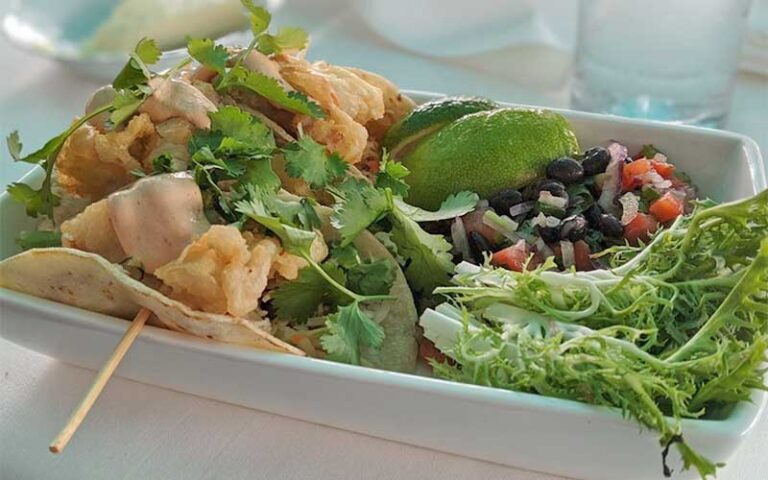 caribbean style entree on rectangular plate at louies backyard key west