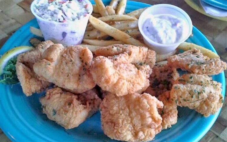 catfish and sides on blue plate at squid lips melbourne