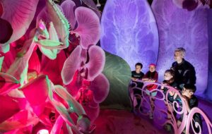 dad and kids viewing museum exhibit with giant orchid and mantis at front science museum miami