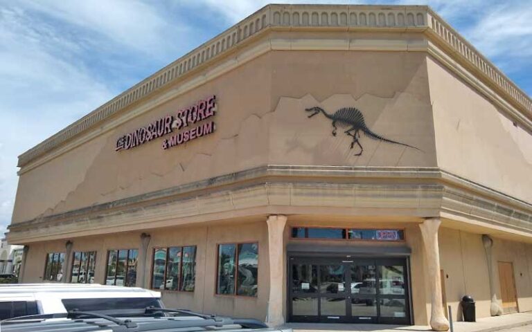 daytime exterior of building with signs at the dinosaur store cocoa beach