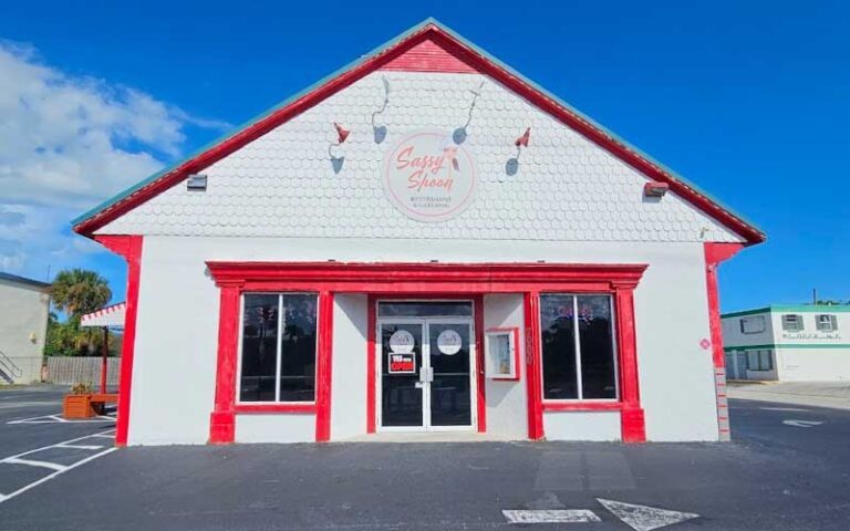 daytime exterior of red and white restaurant at sassy spoon cape canaveral