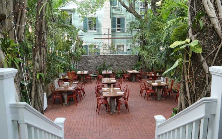 dining patio courtyard shrouded by tall trees at first flight island restaurant brewery key west