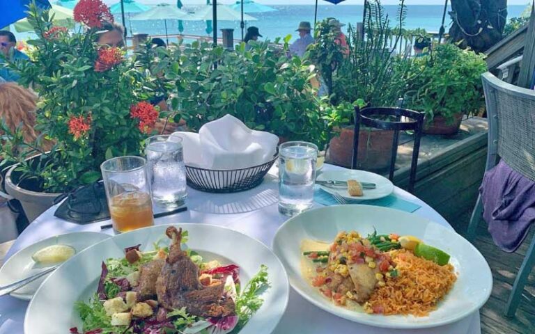 entrees on outdoor table with ocean view at louies backyard key west