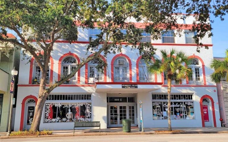 historic three story building with arcade and arched windows at downtown melbourne space coast