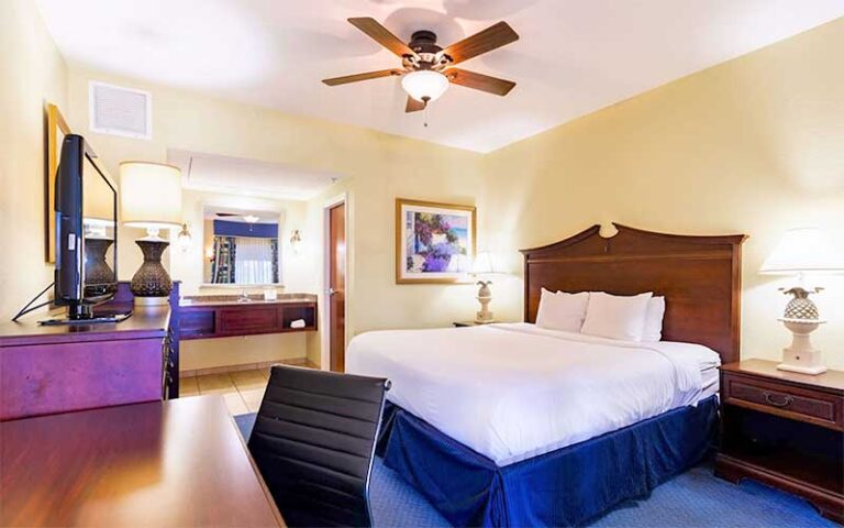 king bed suite with purple accents at radisson resort at the port cape canaveral