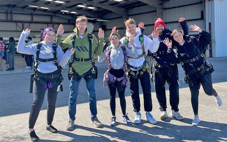 large group of teens in harnesses at skydiving space center titusville