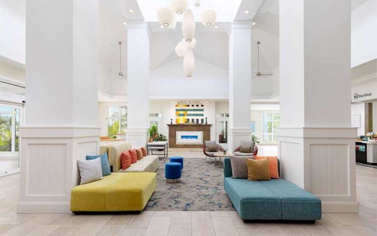 lobby with atrium and large columns at hilton garden inn key west