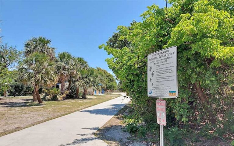 park with walkways palms and turtle nesting sign at lori wilson park cocoa beach