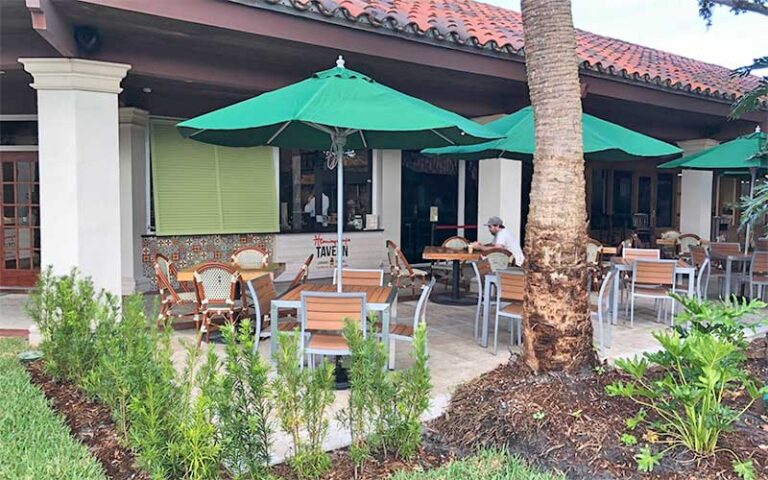 patio area outside restaurant with umbrellas at hemingways tavern melbourne