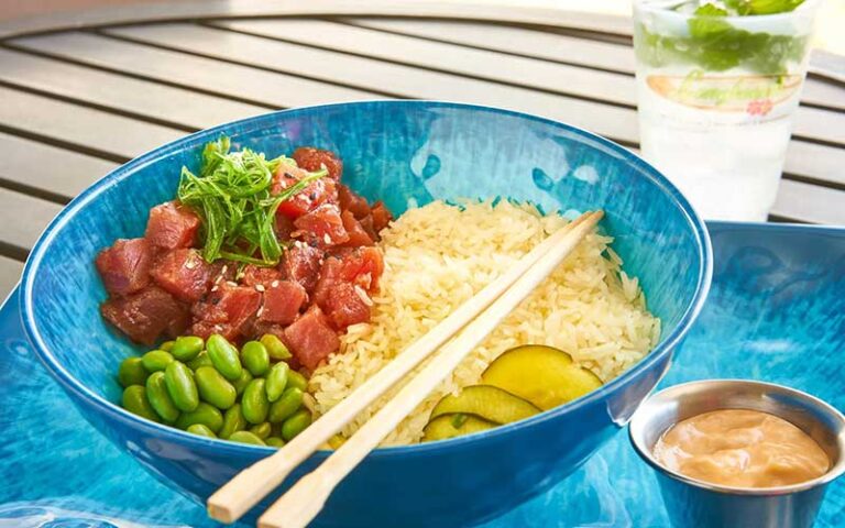 poke bowl with ahi and rice at longboards tiki beach grille cocoa beach